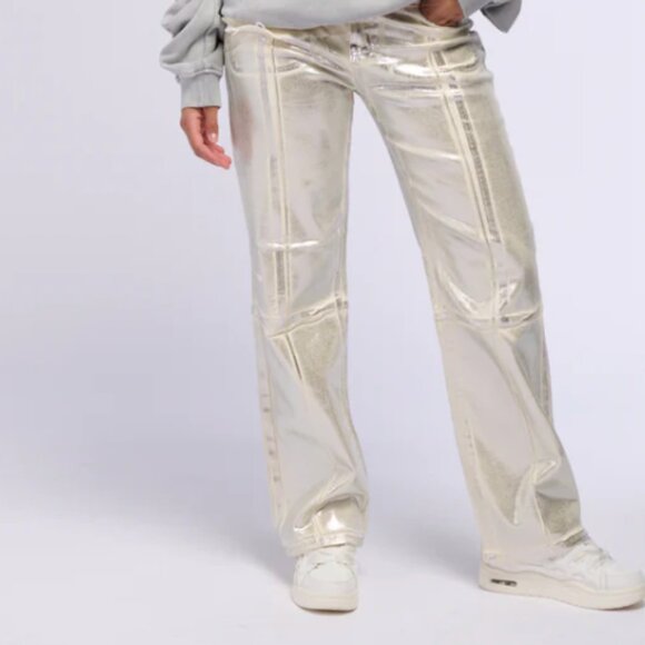 CALLIE LIVES MIZ METALLIC CREAM AKIRA Silver Coated Wide Leg Stretch Jeans M - Picture 4 of 6